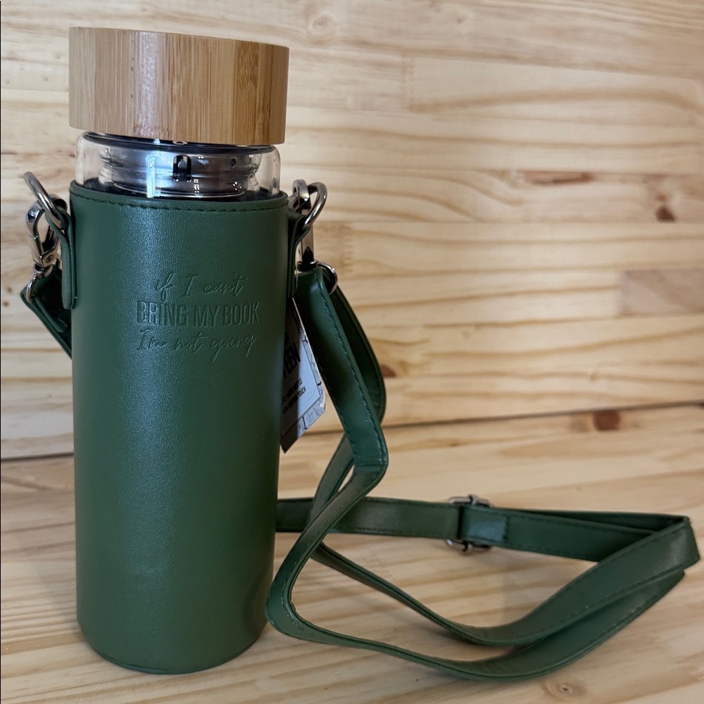 Green Glass Water Bottle with Strap